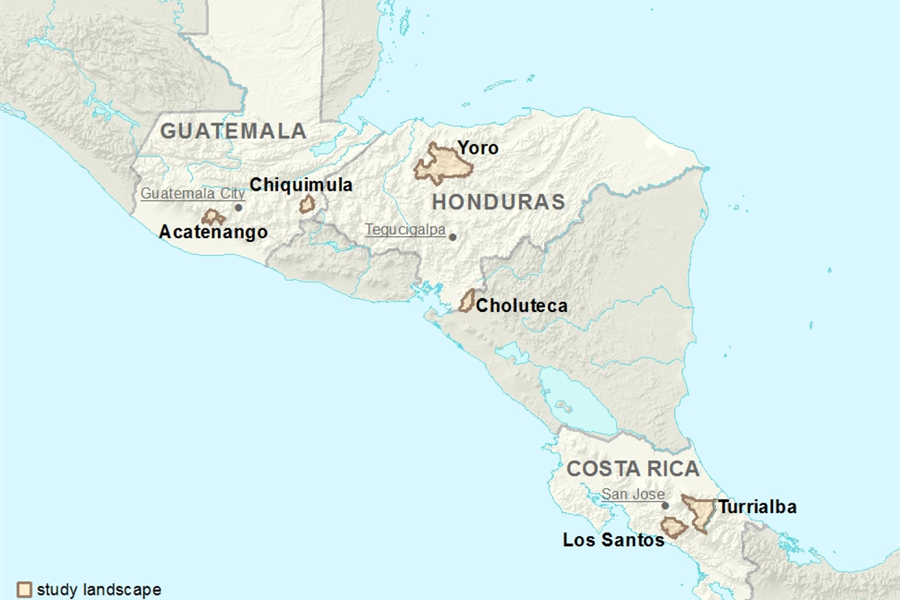 Location of the six agricultural landscapes in Central America where the CASCADE project studied smallholder farmer adaptation to climate change. Map prepared by Kellee Koenig.