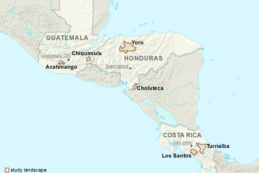 cascade-map Location of the six agricultural landscapes in Central America where the CASCADE project studied smallholder farmer adaptation to climate change. Map prepared by Kellee Koenig.