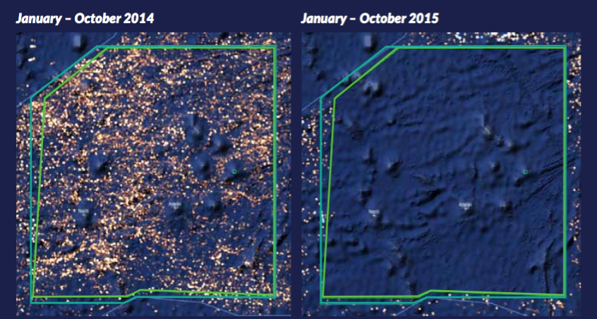 Comparative satellite image illustrating the drastic reduction of fishing vessels within the Phoenix Islands Protected Area between 2014 and 2015 Comparative satellite image illustrating the drastic reduction of fishing vessels within the Phoenix Islands Protected Area between 2014 and 2015